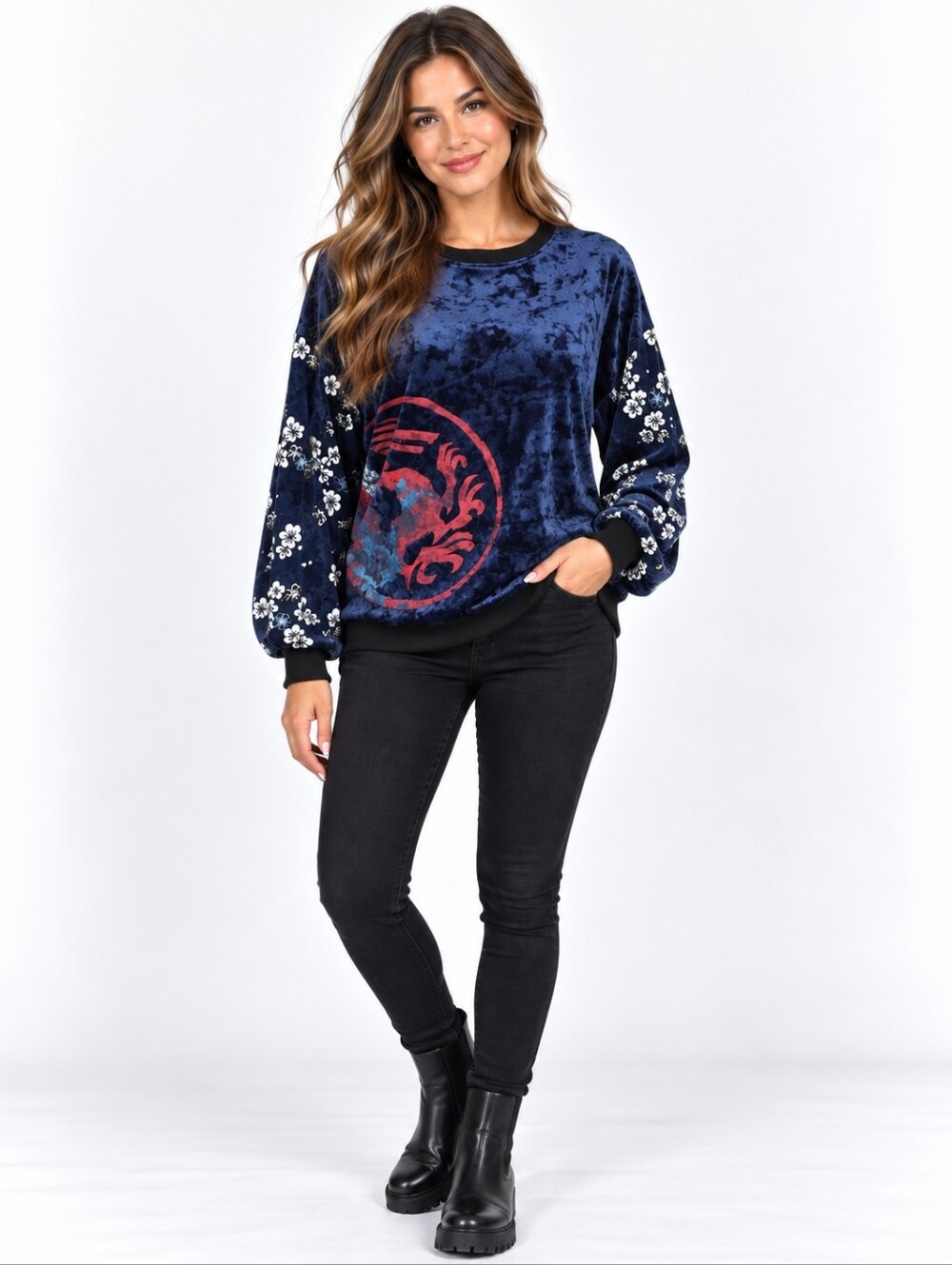 Disney Princess Mulan Mushu Dragon Blue Velvet Floral Sweatshirt Top M